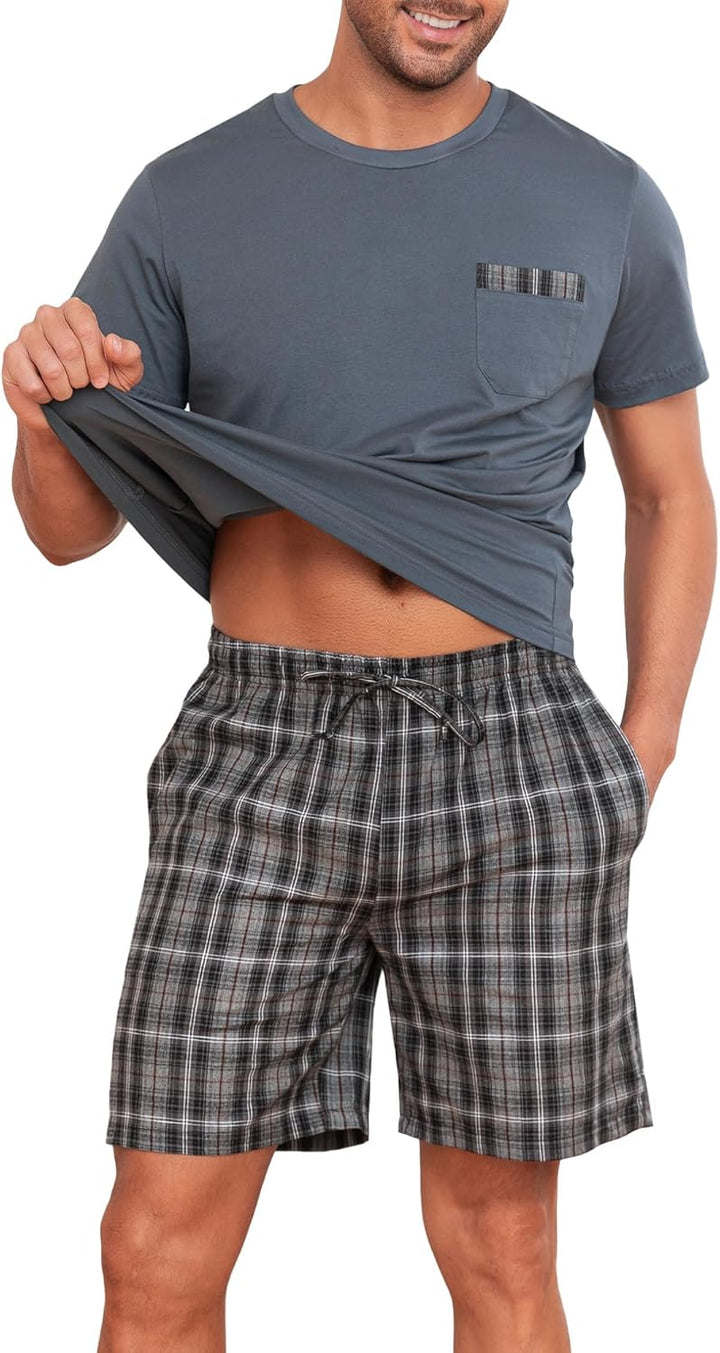 Winovia Schlafanzug Herren Kurz Pyjama 100% Baumwolle Kurzarm Nachtwäsche Nightwear Set mit Rundhals