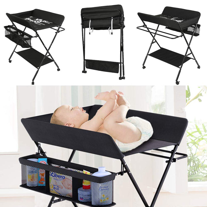 Baby Wickeltisch Klappbar, Höhenverstellbare Wickelkommode mit Sicherheitsgurt und Stauraum, Tragbar