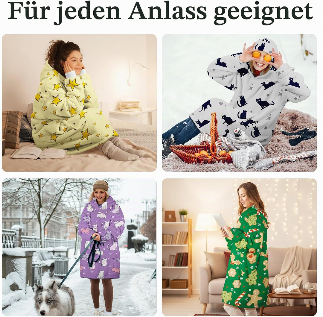 Hoodie Decke Oversize Katze Grau mit Ärmeln Kuscheldecke Deckenpullover für Damen Herren, Tragbare D