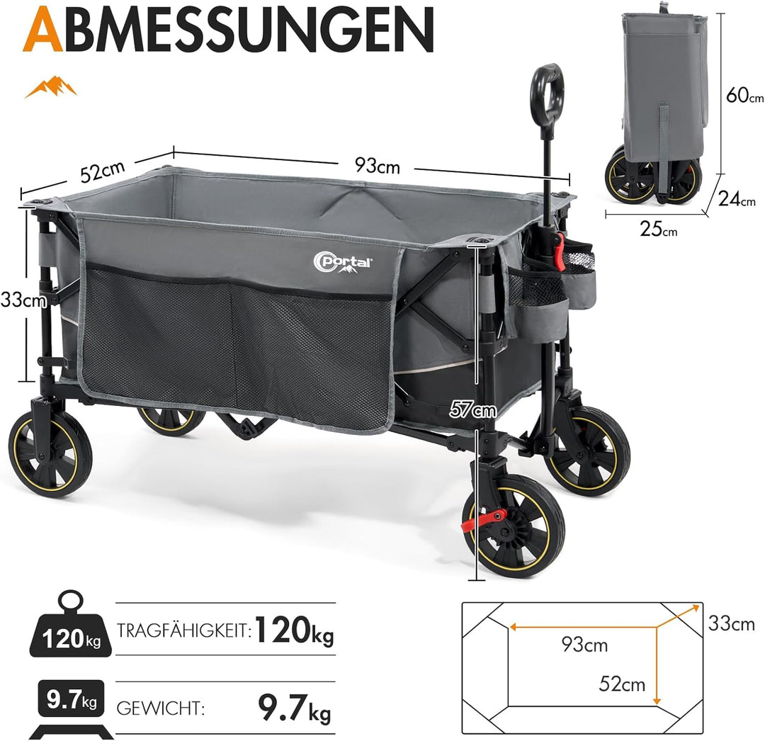Portal Bollerwagen faltbar XXL Grosse Ladefläche 120kg belastbar Handwagen mit Getränkehalter Seiten