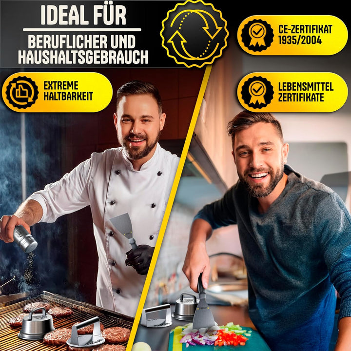 SMASHI® Smash Burger Set Professionell aus Edelstahl 304 – Burgerpresse, 2 Spachtel, Burgerglocke, G