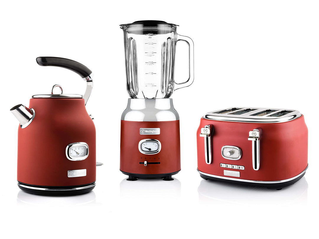Westinghouse Retroline Frühstück-Set Rot, Toaster, Standmixer & Wasserkocher, 1.7 Liter, Kalkfilter