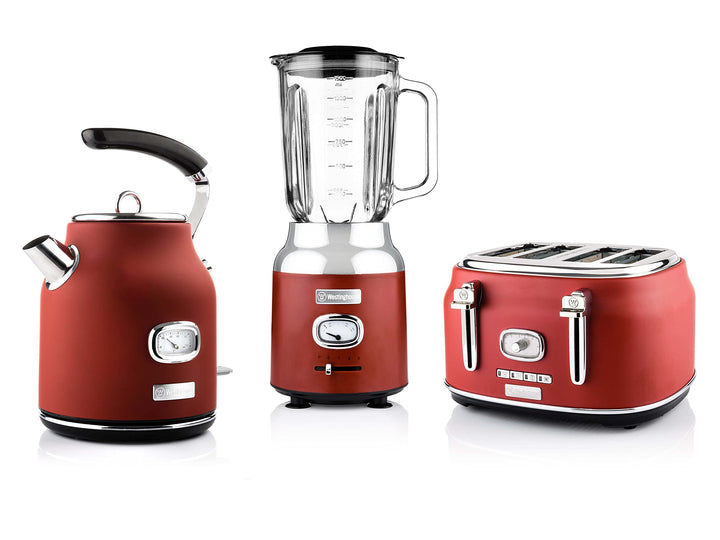 Westinghouse Retroline Frühstück-Set Rot, Toaster, Standmixer & Wasserkocher, 1.7 Liter, Kalkfilter