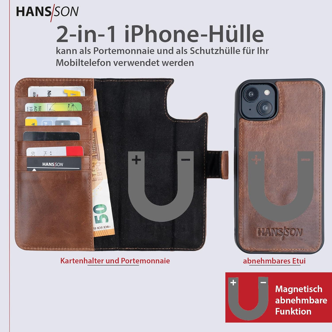 HANS/SON Klappbare Echtlederhülle | iPhone 14 Plus Ledercase mit Kartenfächern | Lederhülle mit Sche