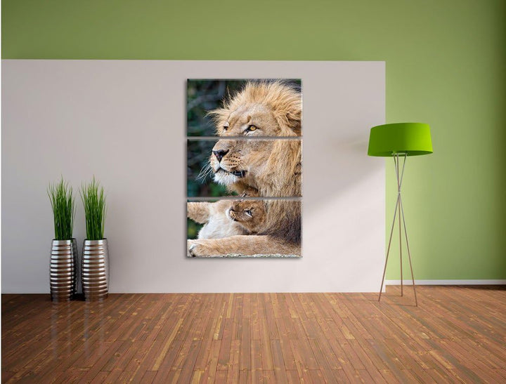 Pixxprint liebevoller Löwe mit Jungtier als Leinwandbild/Grösse: 3 Teilig (120x80) cm/Wandbild/Kunst