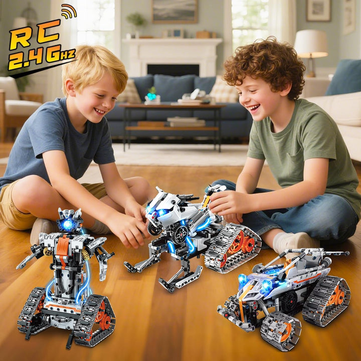 Technik Roboter für Kinder mit LED Licht, 5-in-1 APP und Fernbedienung Bausatz RC Robot/Tracked/Race