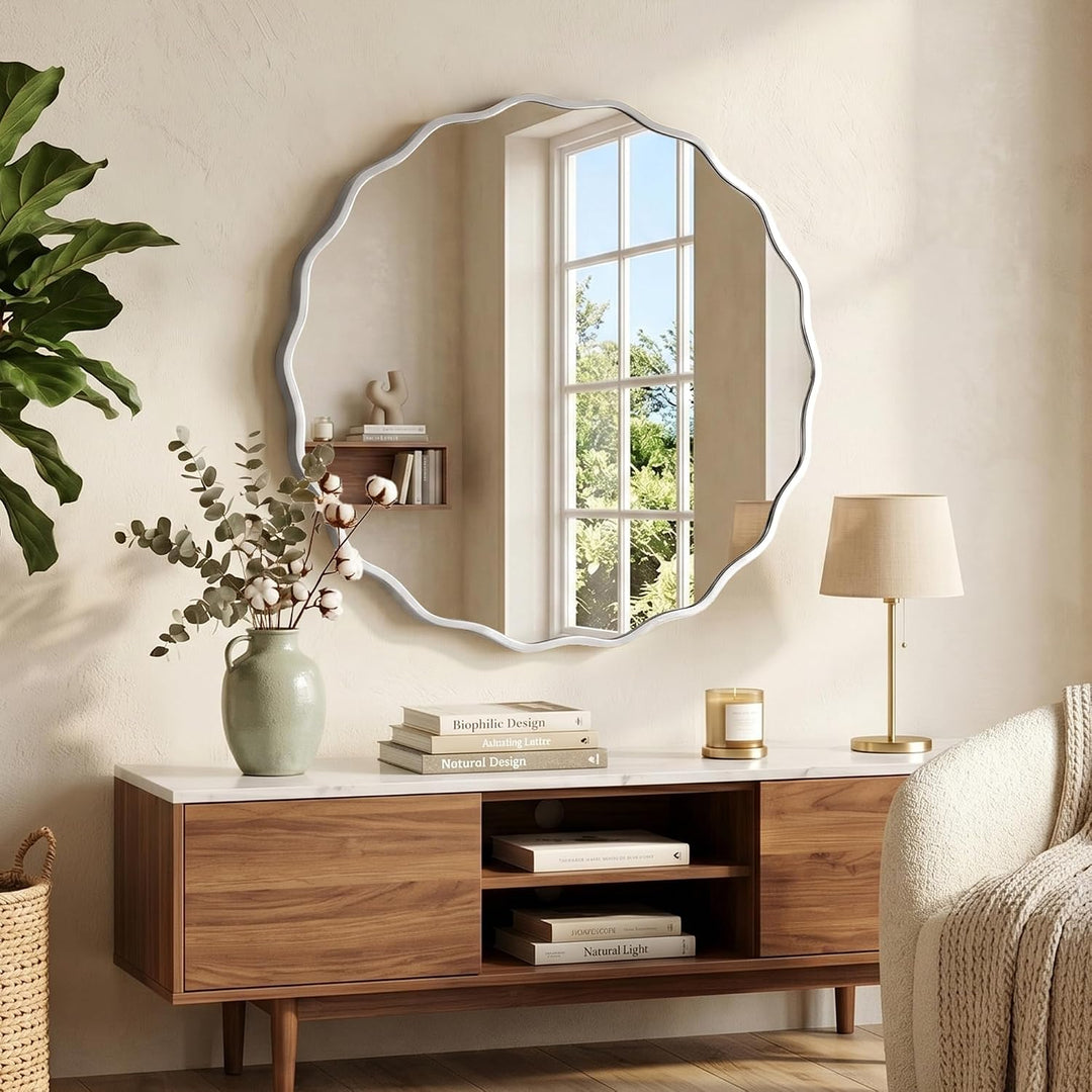 Wavy Runder Wandspiegel mit gebürstetem Aluminiumrahmen &amp; gehärtetem Sicherheitsglas für Badezimmer,