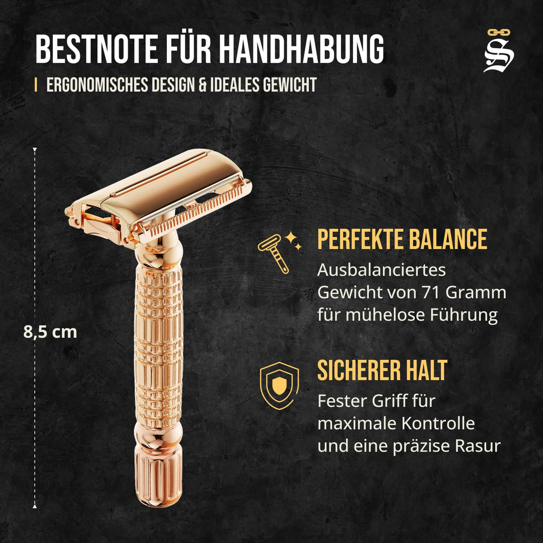Störtebekker® Premium Rasierhobel im handgefertigten Leder-Etui | Rasier-Set mit 10 Rasierklingen, R