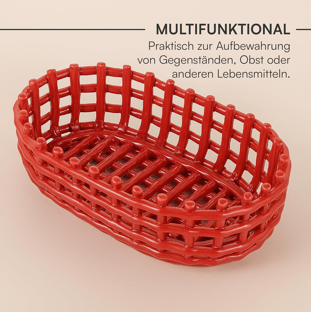 Baroni Home Mehrzweckkorb aus Keramik, geflochten, Obstkorb, Tischdeko, Taschenleerer (oval, rot) Ro
