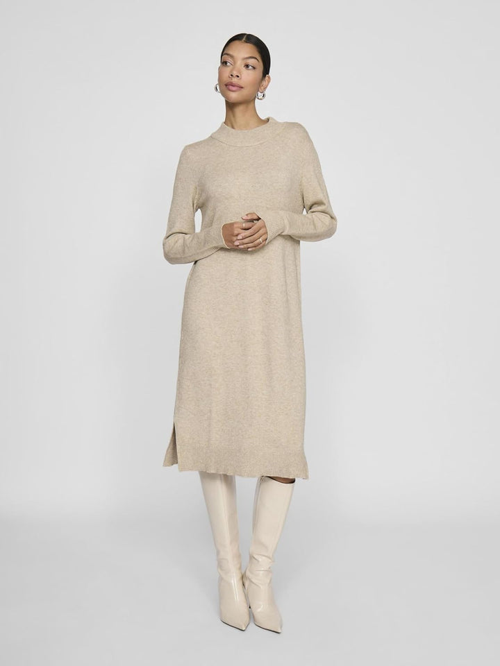 Vila Damen VIRIL Crew Neck L/S MIDI Dress - NO 14061427 XS Natural Melange, XS Natural Melange