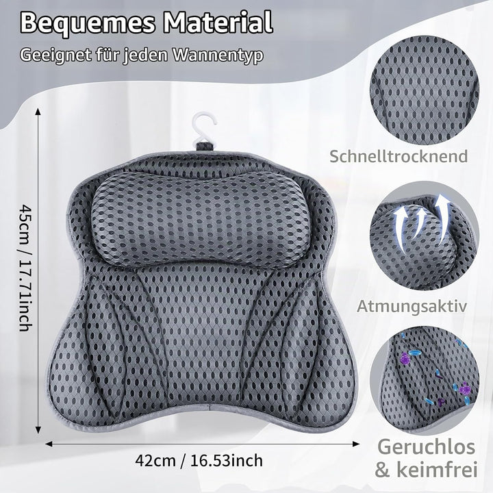 Badewannenkissen, Badewannenkissen 4D Mesh Kopfstütze mit 6 Anti-Rutsch-Saugnäpfen Kann Kopf, Nacken
