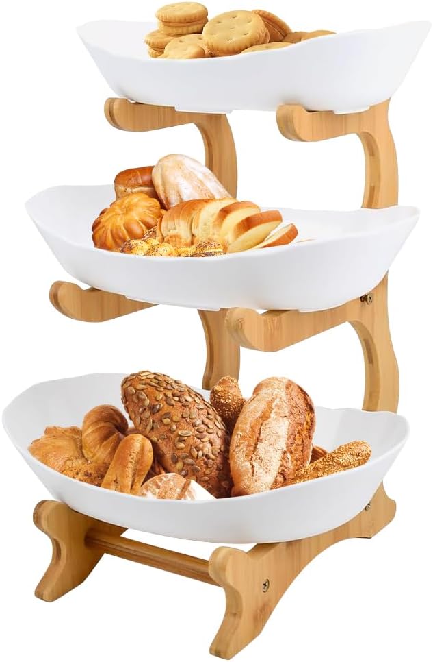 HUOLE Obstkorb, 3 Etagen, Obstkorb aus Keramik, mit Ständer aus robustem Holz, für Küchenarbeitsplat