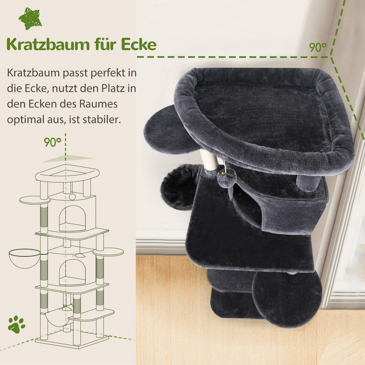 Globlazer Kratzbaum Katzen, Eckkratzbaum Stabil hoch 167 cm mit 2 Sektor Katzenhaus, Gepolsterte Pla