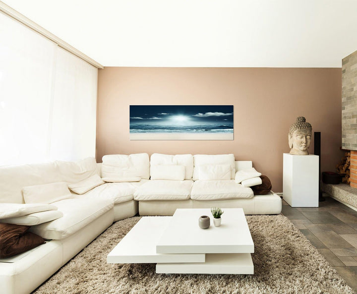 Paul Sinus Art Panoramabild auf Leinwand und Keilrahmen 150x50cm Strand Meer Wellen Licht Nacht abst