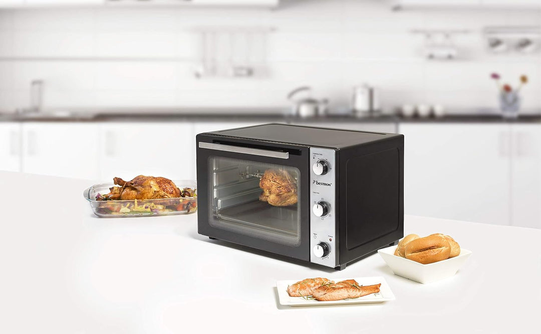 Bestron AOV31PS Kompakter Mini-Backofen mit Drehspiess und Pizzastein, 31 Liter, 1500 Watt, Edelstah