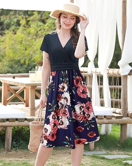 STYLEWORD Damen Sommerkleid Kurzarm V-Ausschnitt Kleider Blumenmuster Kleid Wickelkleid Mit Taschen