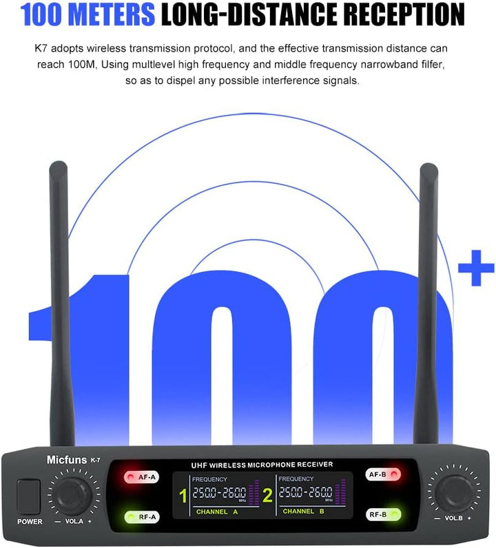 micfuns K7 Professional Mikrofon-Sets Wireless 2 Handheld VHF 230-250 MHz Mikrofonsystem 100 m Entfe