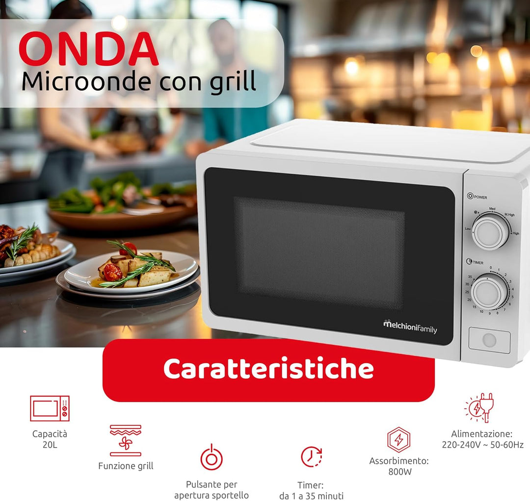 Melchioni Family Mikrowelle mit Grill 20 l, Welle, multifunktionale Mikrowelle, kleine Mikrowelle 80