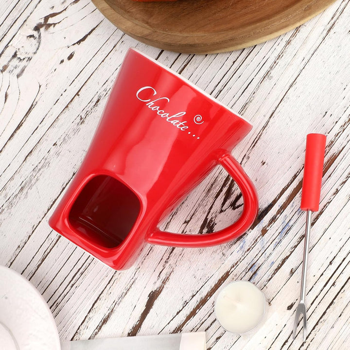 Schokoladenfondue-Becher-Set, Keramik Mini Fonduetopf mit Gabel und Kerzenwärmer Schokoladenschmelzb