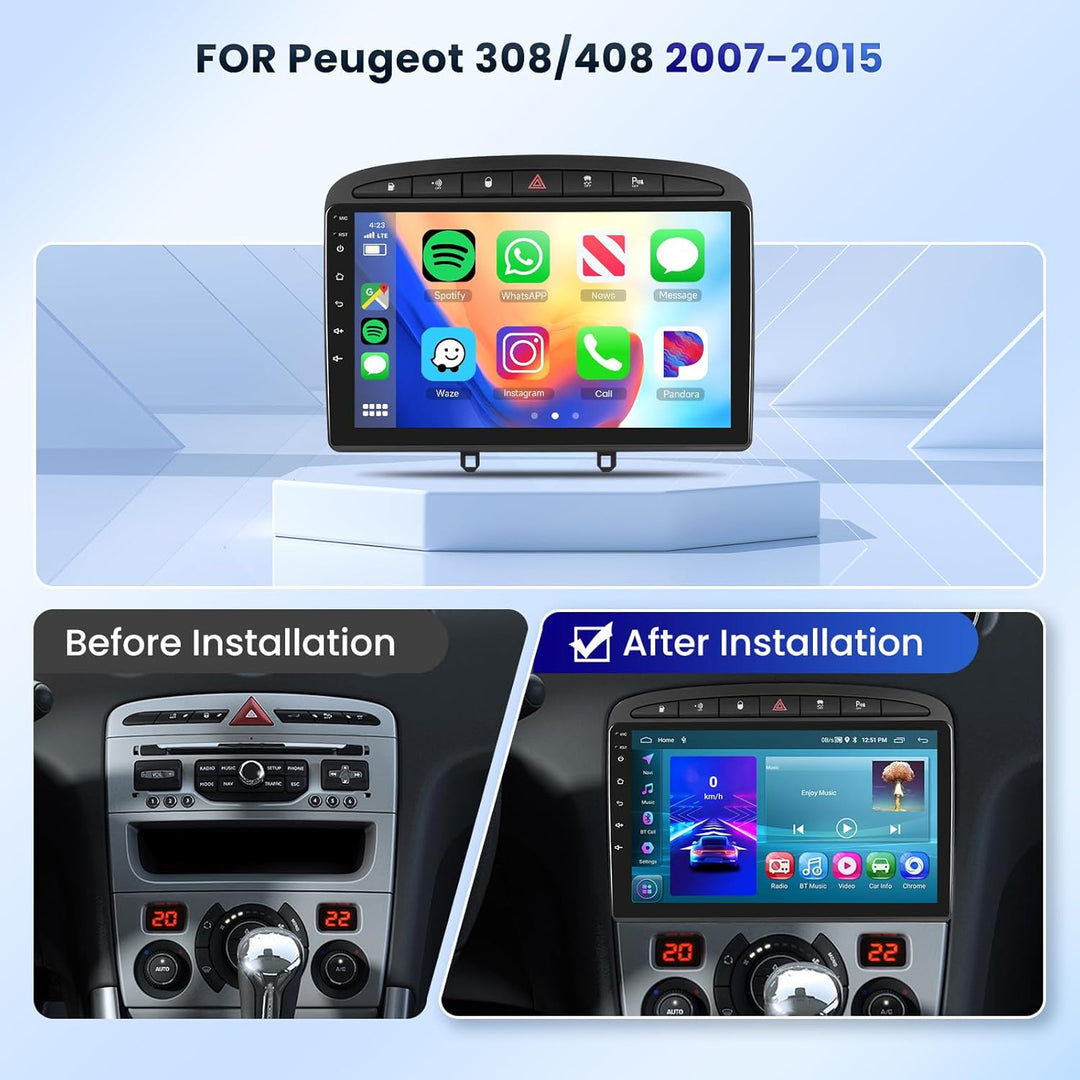 Podofo Android Autoradio GPS für Peugeot 308 408 2009-2013, 9" Touchscreen WiFi Bluetooth FM RDS Rad