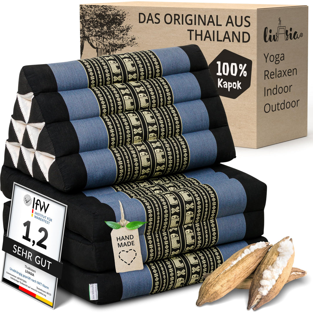 livasia Thaikissen mit 3 Auflagen, Dreieckskissen mit Klappmatratze, Keilkissen Kapok, Rückenkissen