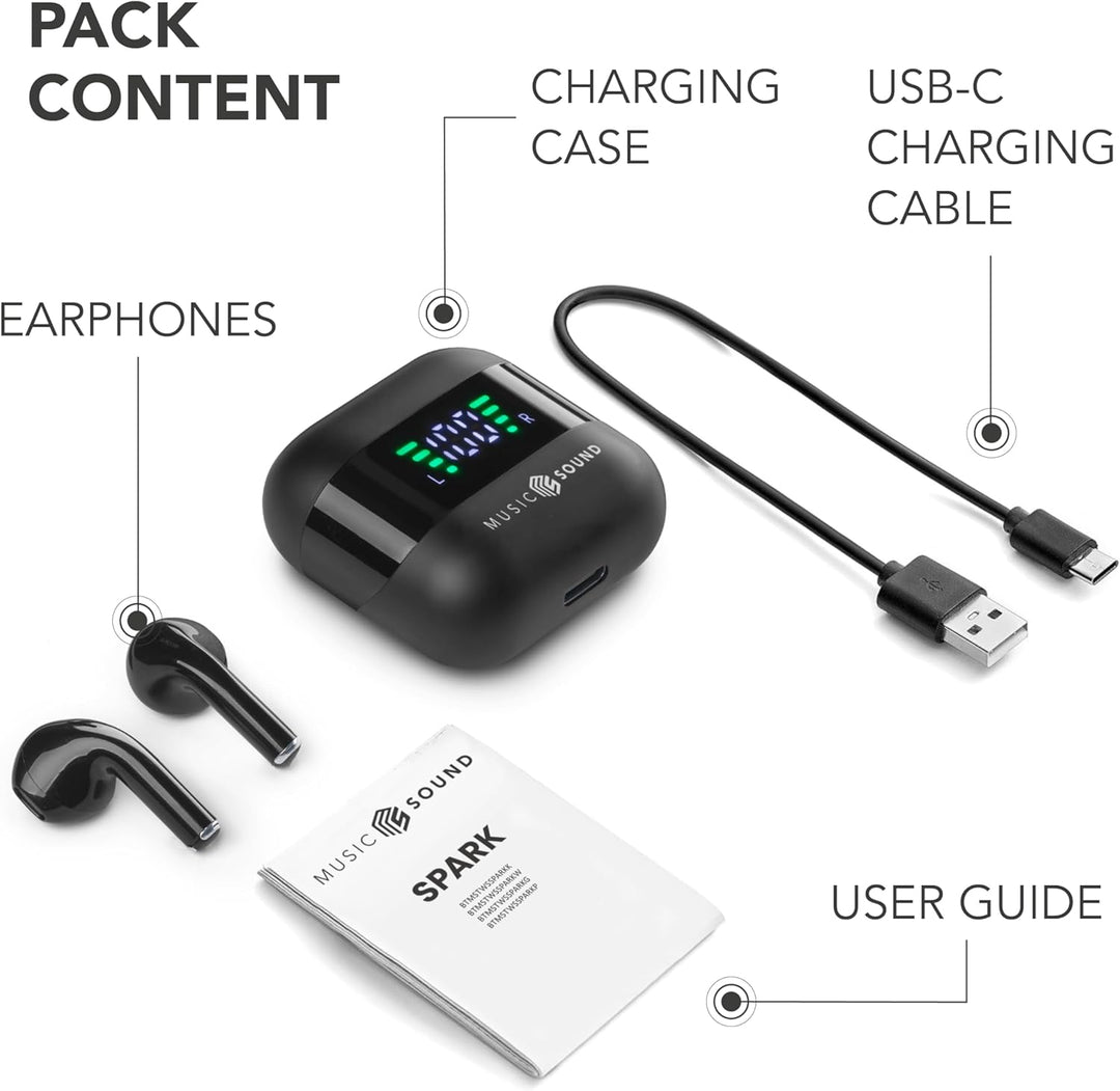 Music Sound, Spark TWS Kopfhörer, Bluetooth, Wireless, LED-Display, 30 Stunden Wiedergabe, automatis