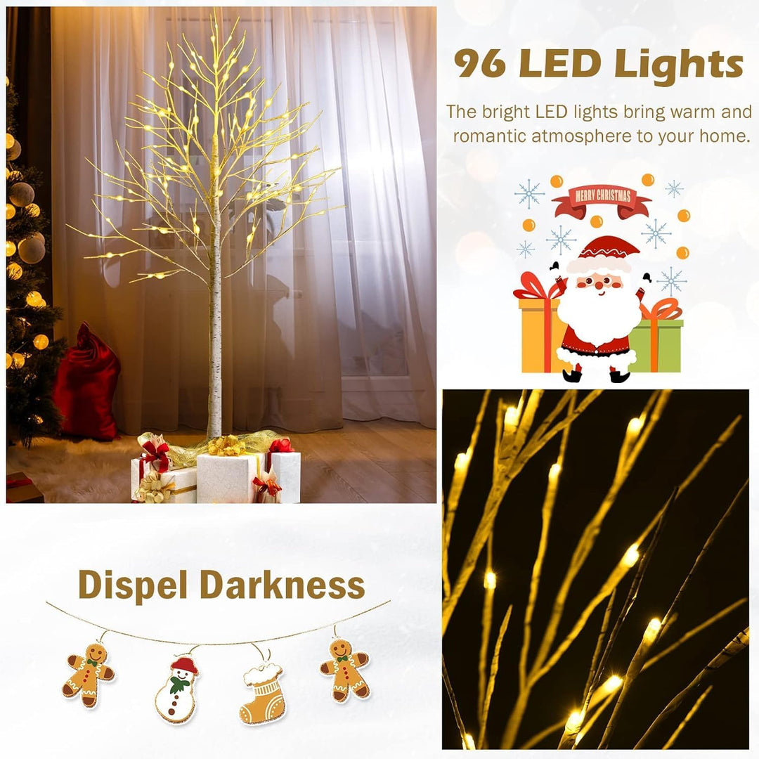 RELAX4LIFE Weisser Weihnachtsbaum Künstlich 180cm, LED Lichtbaum Birkenoptik, Christbaum mit 96 warm