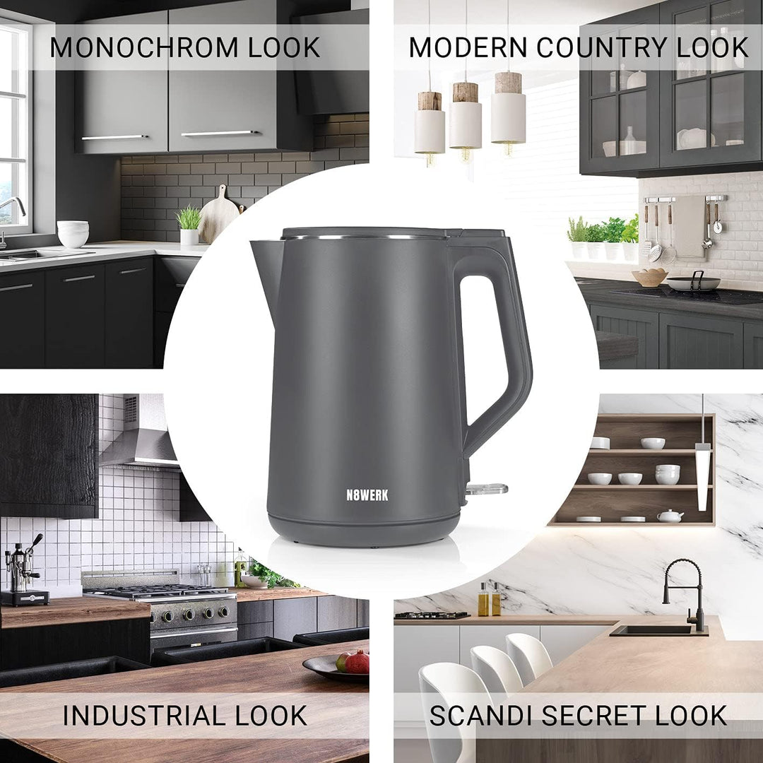 N8WERK Wasserkocher mit Doppelwand-Design in der Nordic Grey Edition | Fassungsvermögen 1,5 Liter, k