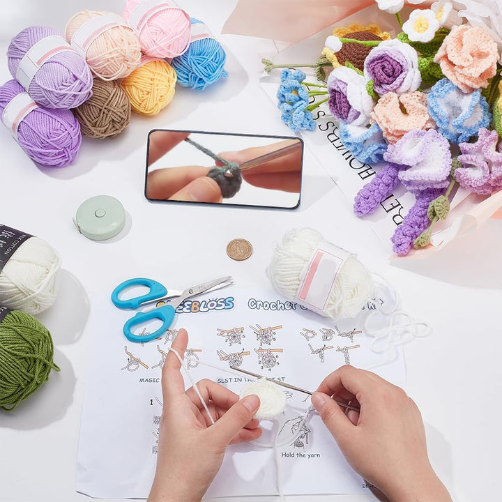 INFUNLY Häkelsets Für Gemischte Blumensträusse Für Anfänger. Komplette Blumenstrauss-Häkelsets Für E