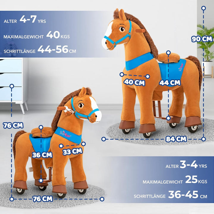 PonyCycle Pferd zum reiten, für Kinder 4–7 Jahre, 90cm Hoch, Reitpferd auf Rollen mit Handbremse, Sc
