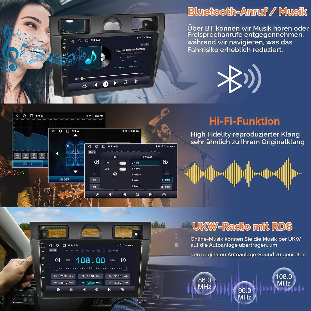 Hodozzy Android 2G+64G Autoradio für Ford Fiesta 2006-2011 Con Wireless Carplay Android Auto Mirror