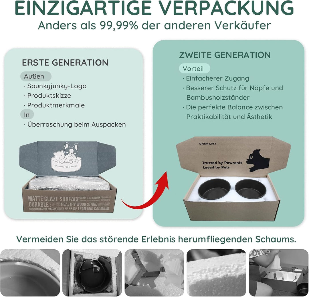 SPUNKYJUNKY Hundenapf Keramik Doppel Hund Futternapf mit Bambus Ständer für Katzen und Hunde (400ml,