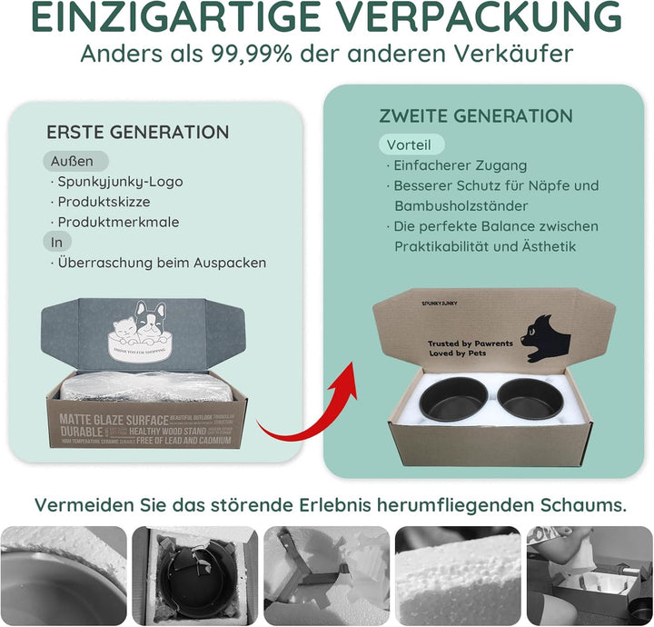 SPUNKYJUNKY Hundenapf Keramik Doppel Hund Futternapf mit Bambus Ständer für Katzen und Hunde (400ml,