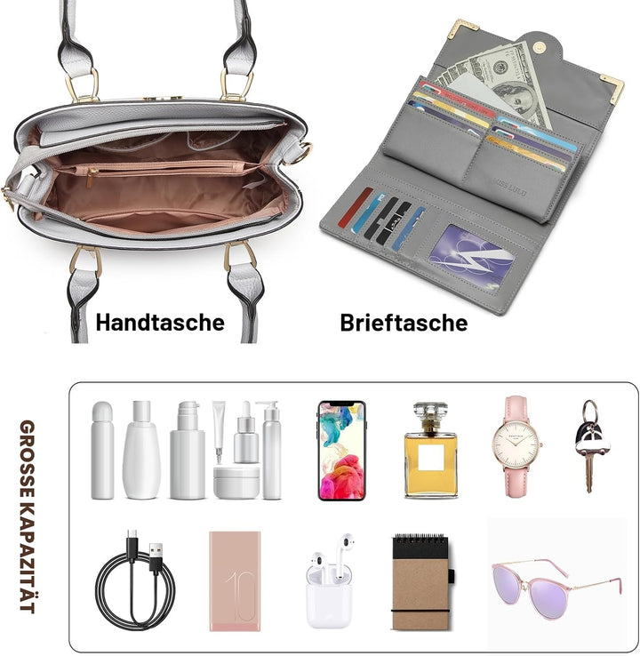 Miss Lulu Handtasche Damen, Handtasche Damen Mittelgross, Handtasche Shopper Damen Set Hellgrau - mi