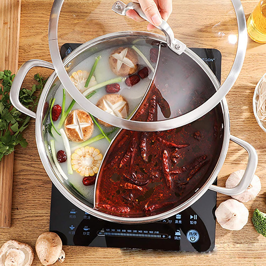 Hot Pot Herd 28/32 cm Fondue Topf mit Trennwand und Deckel, Shabu Shabu aus Edelstahl in Lebensmitte