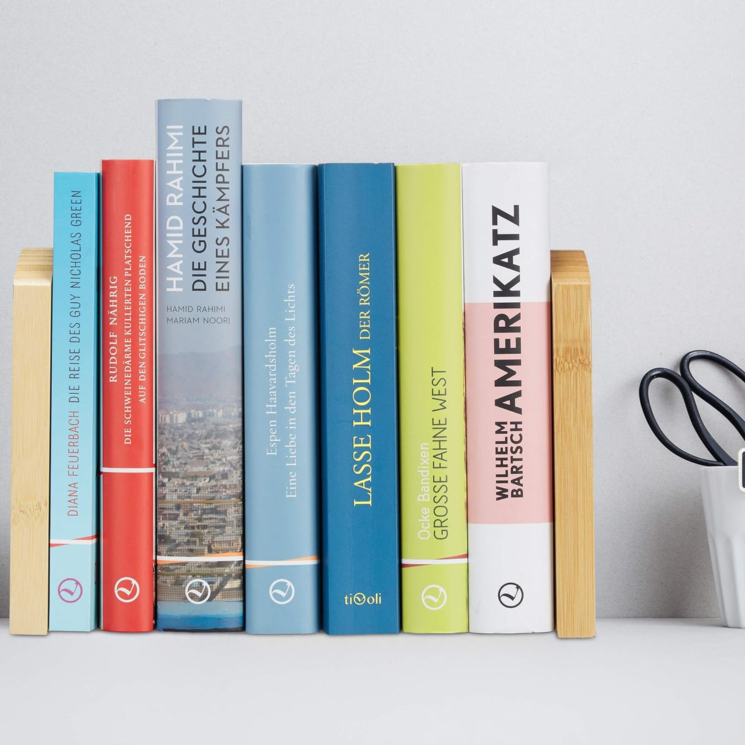 Relaxdays Buchstütze 2teilig, HBT: 17x11,5x12,5 cm, Natur & Briefablage Bambus, Schreibtischablage f