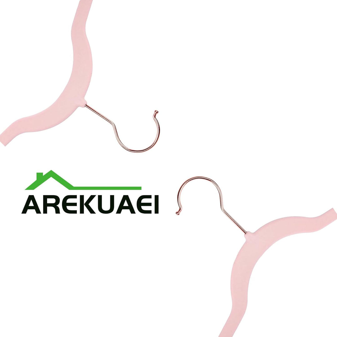 Arekuaei Rosafarbene Samt-Kleiderbügel, strapazierfähig, rutschfest, platzsparende Kleiderbügel, Kup