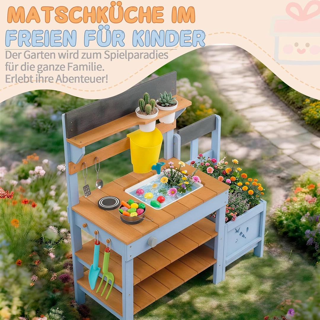 LEADZM Spielküche Matschküche Kinder Outdoor mit Pflanzkasten, Gartenspielküche mit Spüle, Wasserhah