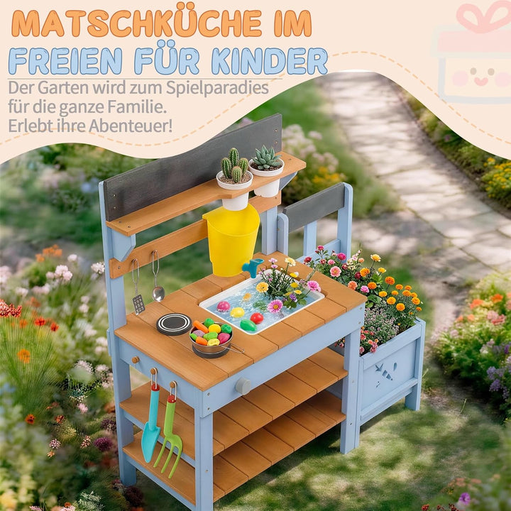 LEADZM Spielküche Matschküche Kinder Outdoor mit Pflanzkasten, Gartenspielküche mit Spüle, Wasserhah