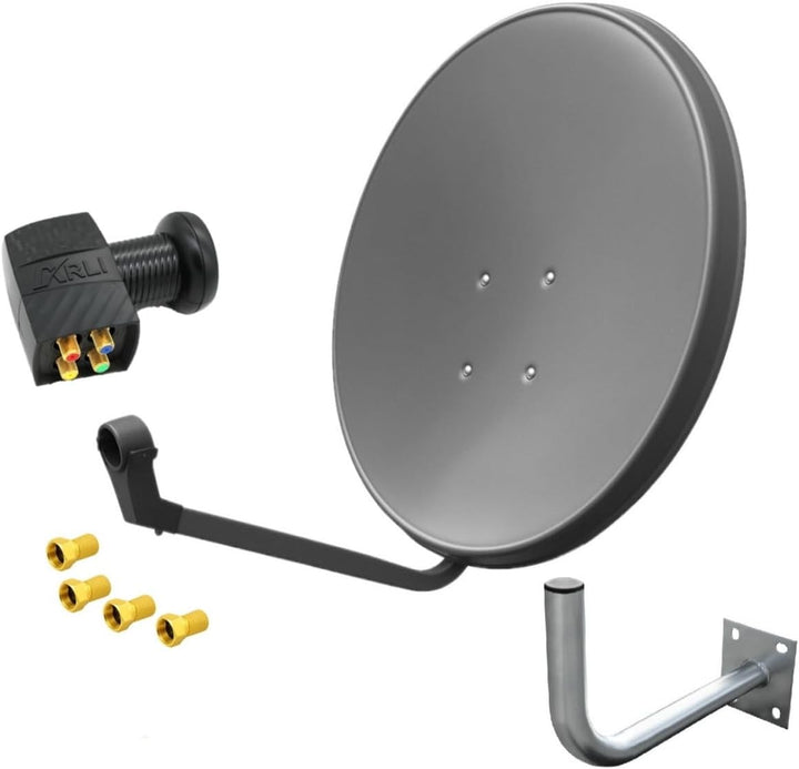 60 cm HD Sat Anlage Quad LNB Digital + Wandhalter 45 cm + 4X F-Stecker 4 Teilnehmer Antenne Grau UHD