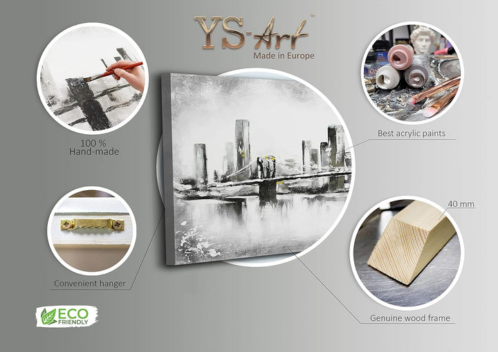 YS-Art Abstrakt Acryl Gemälde auf Leinwand Grossstadt handgemalt Wandbilder Wohnzimmer modern Wohnde