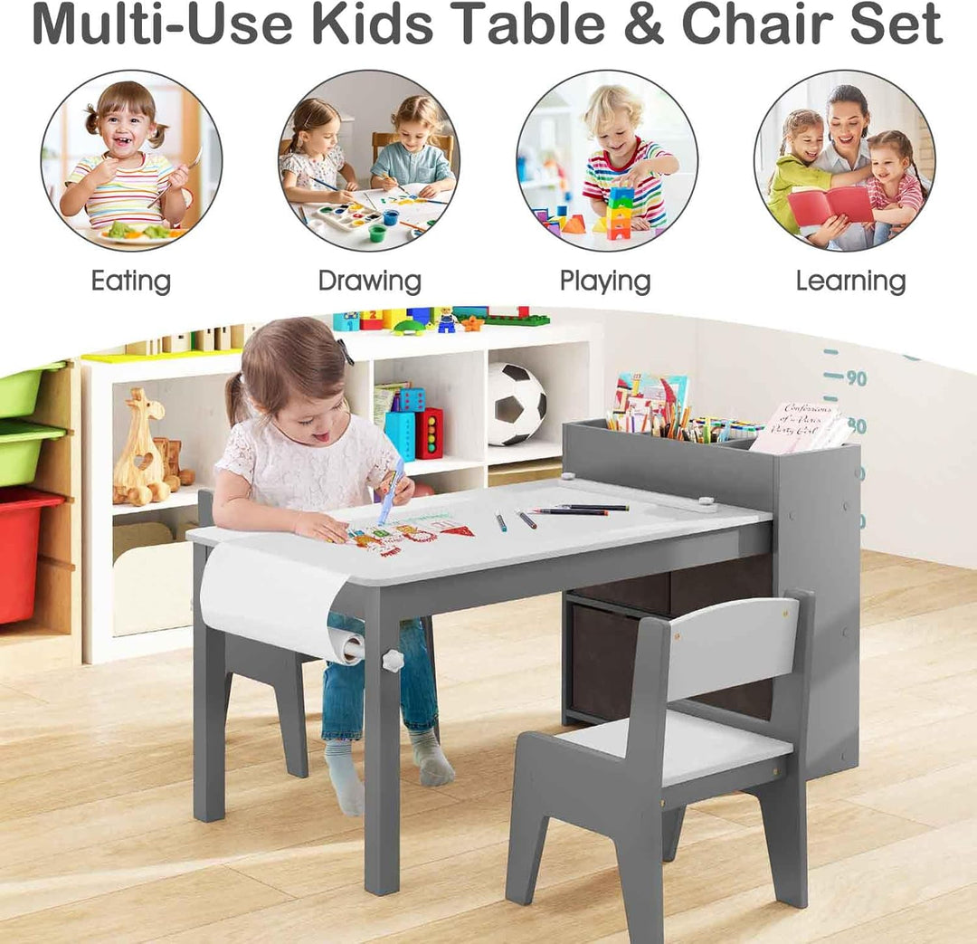 LIFEZEAL Kindertisch mit 2 Stühlen, Kinder Spieltisch und Stühle Set mit Papierrollen und 4 Stoffabl