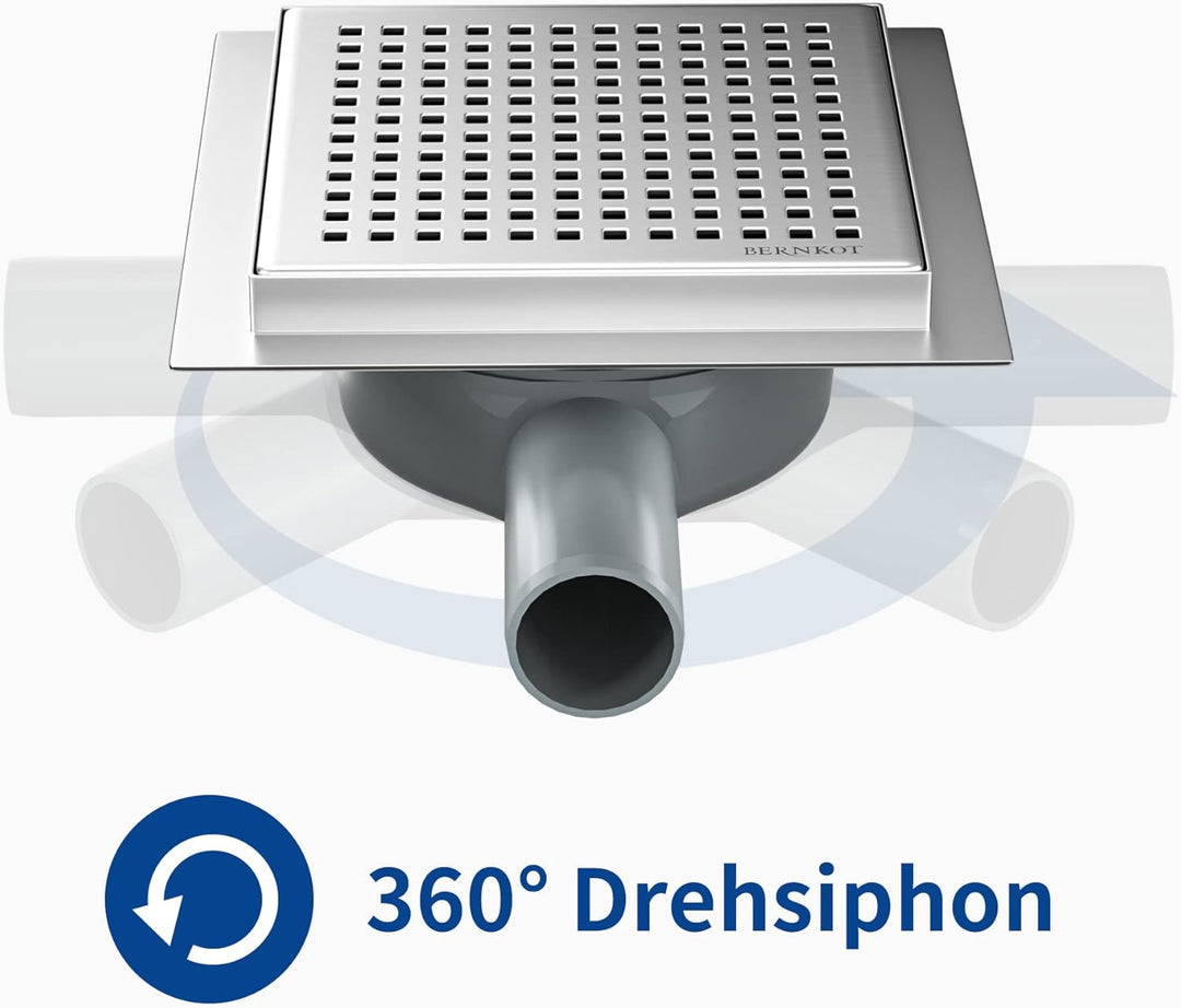 Duschrinne Quadrat 15 * 15cm, 360° Siphon mit Geruchsstop und Haarsieb Edelstahl Ablaufrinne Bodenab