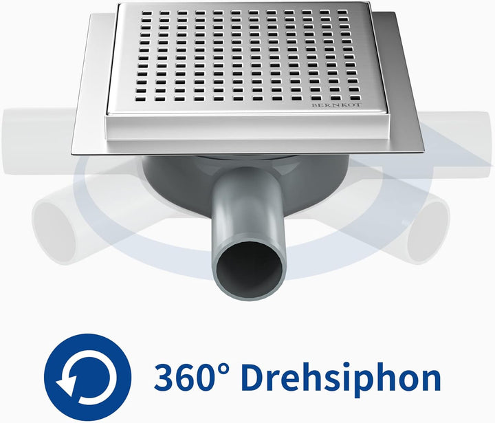 Duschrinne Quadrat 15 * 15cm, 360° Siphon mit Geruchsstop und Haarsieb Edelstahl Ablaufrinne Bodenab