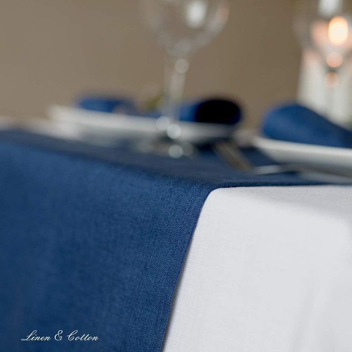 Linen &amp; Cotton Tischläufer Stoff Tischband Tischdeko Hygge 100% Leinen, Dunkelblau Blau (40 x 130 cm