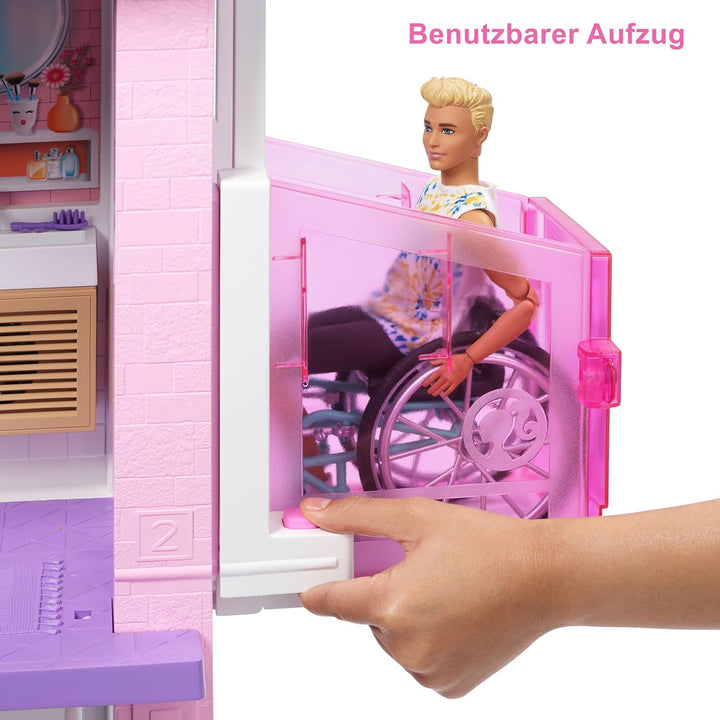 Barbie Dream House (114 cm), 3-stöckiges Puppenhaus mit Barbie-Pool, Rutsche, Barbie-Rollstuhllift,