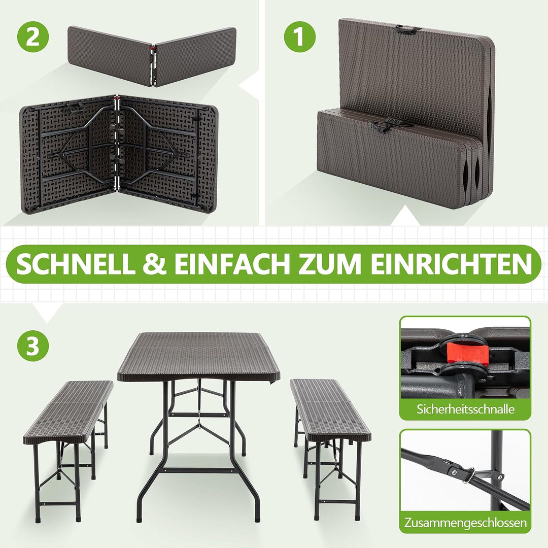 Hohuqeri Faltbarer Gartentisch mit 2 Bänken 180cm, Kunststoff Campingtisch Set Wetterfest &amp; UV-bestä