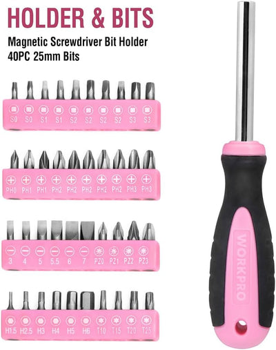 WORKPRO Pink Werkzeug Set Rosa 103 teilig Haushalts-Werkzeugsatz Reparatur mit Tasche, Ideal Geschen