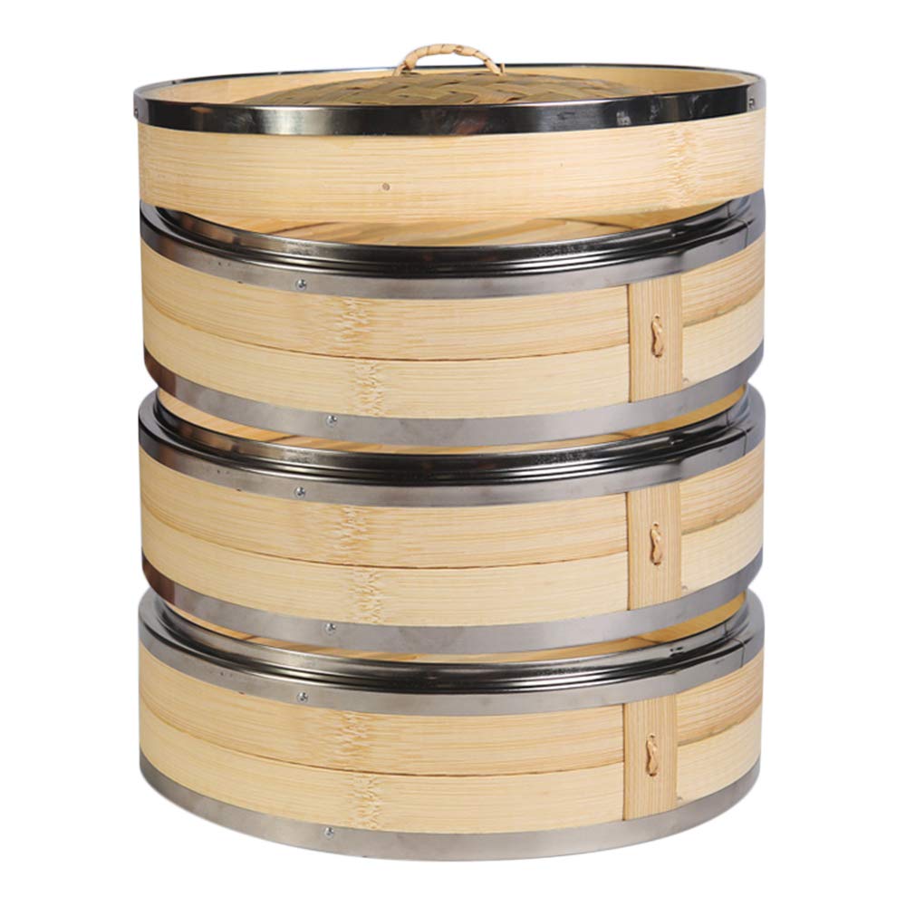 Hcooker 3-Tier Küche Bambus Dampfer mit Doppelt Edelstahl-Banderolieren für Asiatische Kochbrötchen