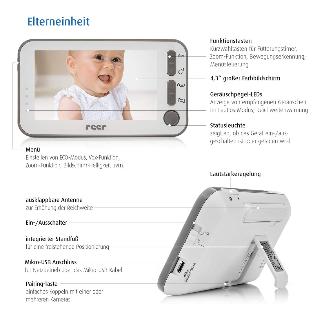 reer 80430 BabyCam Video Babyphone L, 300m Reichweite, 50 Grad Weitwinkel-Kamera, 4,3" TFT Display,